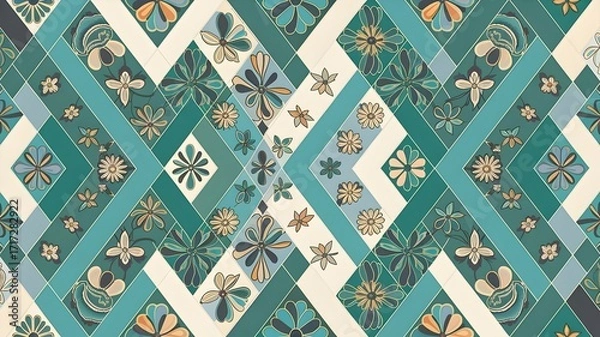 Fototapeta Moorish Folk Art Chevron Pattern with Dotted Spiral and Floral Motifs