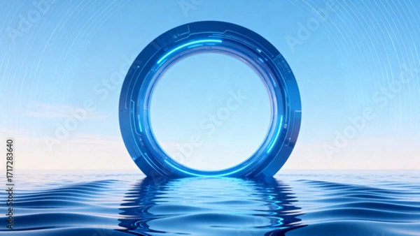Fototapeta A glowing blue circular portal floating above a calm water surface under a clear sky.