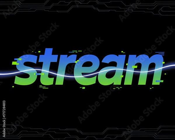 Fototapeta Vibrant Tech Typography Poster with Flowing Stream Text, Glitch Effects, and Neon Gradient