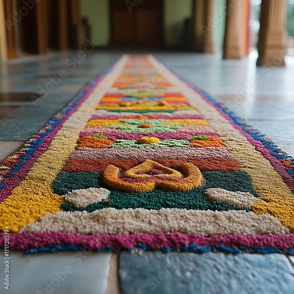Obraz Colorful patterned rug stretches across a tiled floor