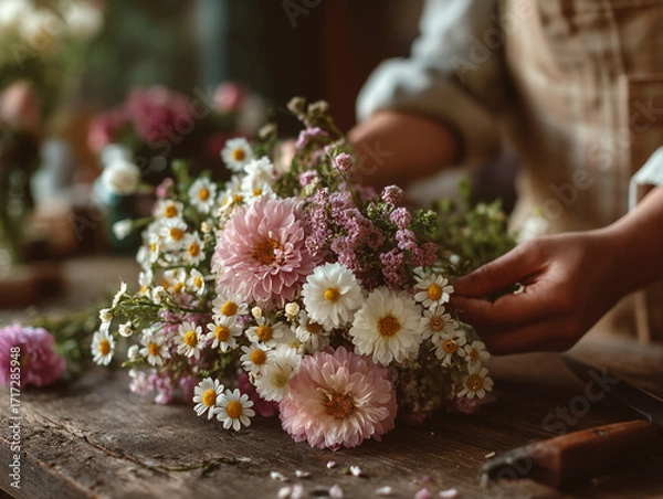 Fototapeta Hands of a Florist woman in an apron make a bouquet in the flower salon Close up.
