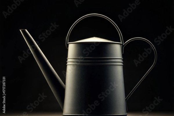 Fototapeta Dramatic Black Watering Can with Moody Lighting and Dark Background garden tool metal