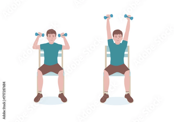 Obraz Exercises that can be done at-home using a sturdy chair.
With dumbbells, Extend the arms up, reaching above the head until they’re fully extended. with Seated Shoulder Press posture. cartoon style.