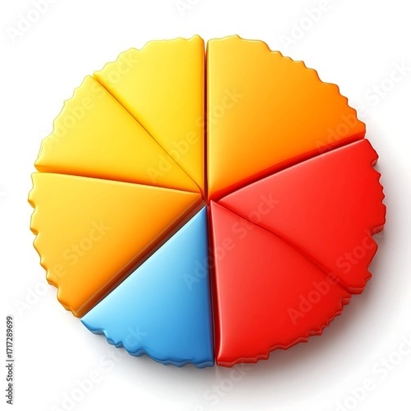 Obraz Colorful pie chart graphic.  A 3D pie chart,  divided into 8 segments of varying shades of  vibrant orange, yellow, blue, and red,  with a textured edge,  isolated on a plain white background