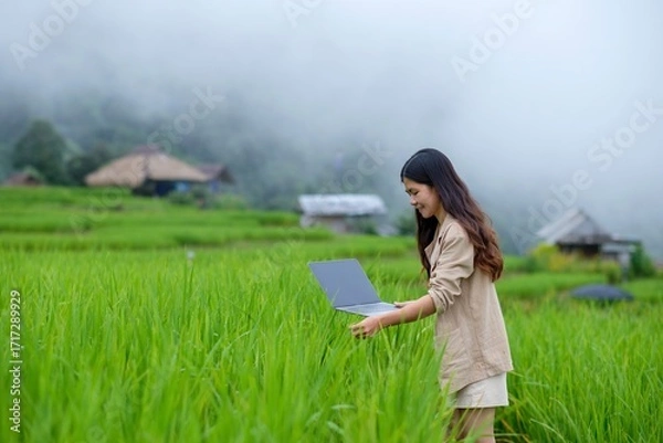 Fototapeta Asian female researcher uses a laptop to collect data on rice plants in the field to analyze ways to increase yield. Agricultural technology.