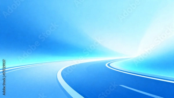 Fototapeta A futuristic blue road curving into a bright horizon with glowing light effects
