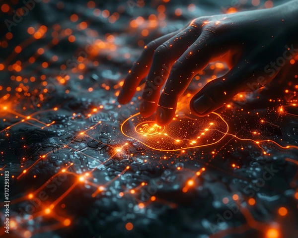 Fototapeta Futuristic human hand projecting an upward line graph, fintech visualization, glowing HUD, dark sci-fi background, volumetric light