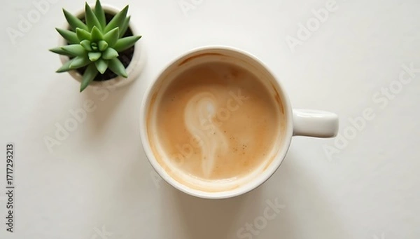Fototapeta Flat lay coffee cup with latte art and succulent plant on white background for morning relaxation