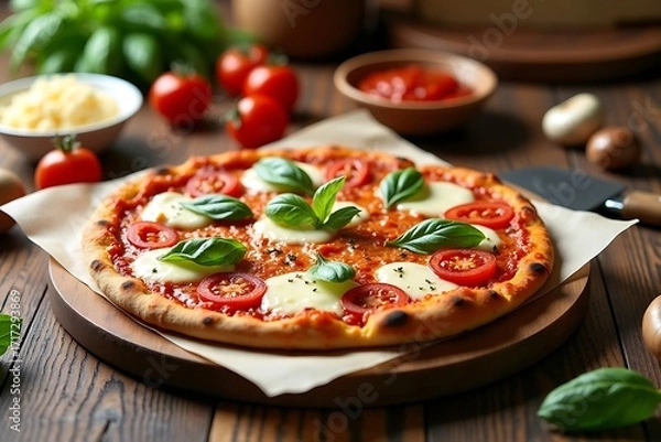 Fototapeta Delicious homemade margherita pizza recipe with fresh tomatoes mozzarella and basil on wooden table top view