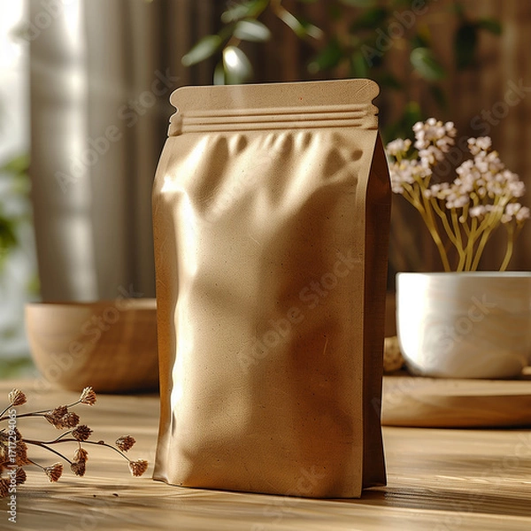 Fototapeta Recyclable food pouch package standing on kraft paper with minimal style
