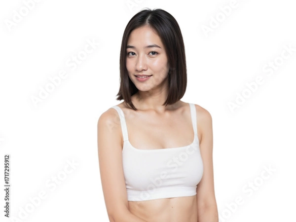 Fototapeta Young woman posing in a white top against a plain background during daytime