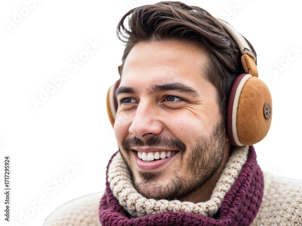 Fototapeta Smiling man wearing headphones enjoys a chilly day in the city