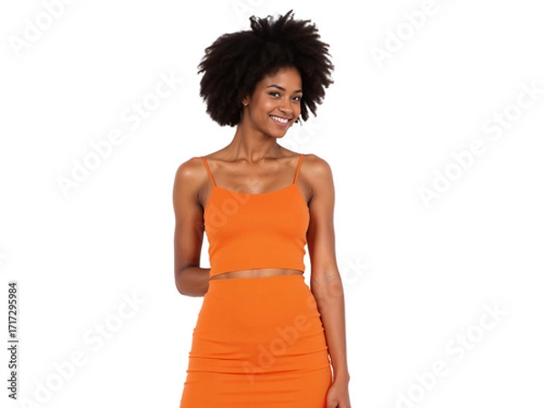 Fototapeta Smiling woman in orange outfit poses confidently in studio setting during daytime
