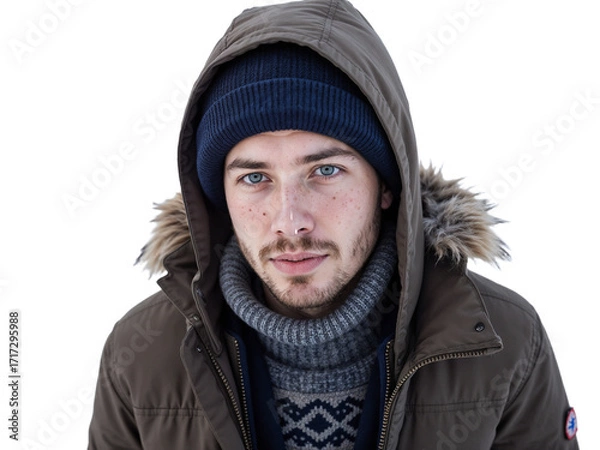 Fototapeta A young man stands outdoors, wearing a warm coat with fur trim and a beanie. The snowy landscape surrounds him, emphasizing the cold winter day and his thoughtful expression.