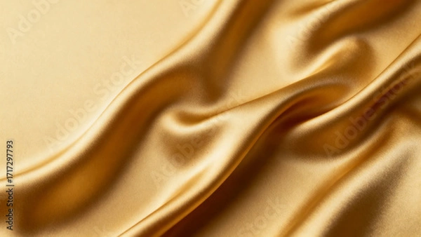 Fototapeta Close-up of golden silk fabric with smooth, flowing folds and soft lighting