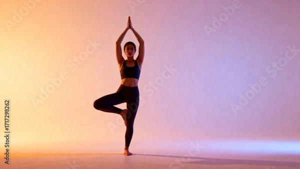 Fototapeta Woman practicing tree pose in yoga against a gradient background