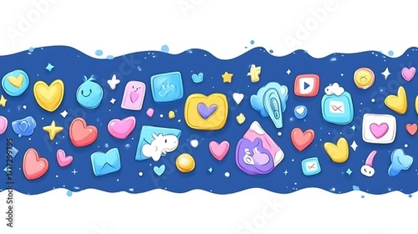 Obraz Colorful, playful social media icons in a horizontal band.  A mix of hearts,  emojis,  and  shapes in pastel colors against a dark blue background with a textured, wavy edge