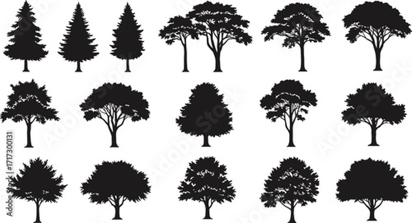 Fototapeta Tree silhouette set with diverse shapes and canopy styles, black vector icons for nature, landscape design, botany, and illustration use.