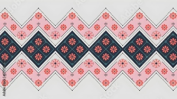 Fototapeta Scandinavian Folk Art Chevron Pattern with Stitched Outline and Mandalas