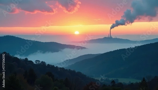 Fototapeta Misty dawn, rolling hills shrouded in fog, distant factory chimney smoke , image, distant smoke