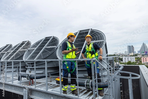 Obraz Engineers with safety gear inspect rooftop HVAC and solar panel systems for energy efficiency. Industrial maintenance, clean energy, and facility management concept.