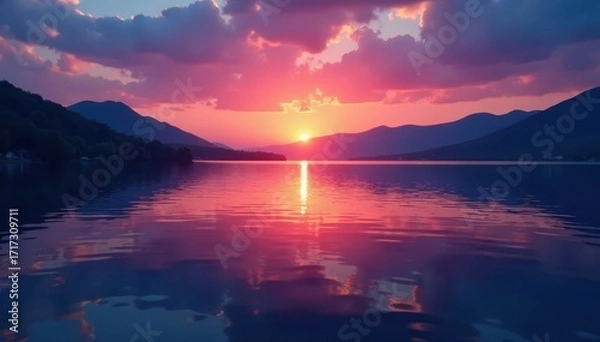 Fototapeta Serene twilight, still water reflecting fading light, tones, tint