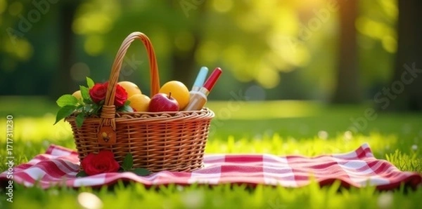 Fototapeta Romantic picnic basket, checkered blanket, park setting, park, happy, bread