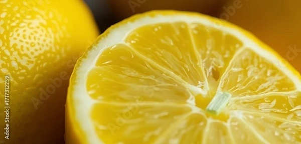 Obraz Close-up of a ripe lemon, showing its textured peel and juicy flesh,  design,   acidic