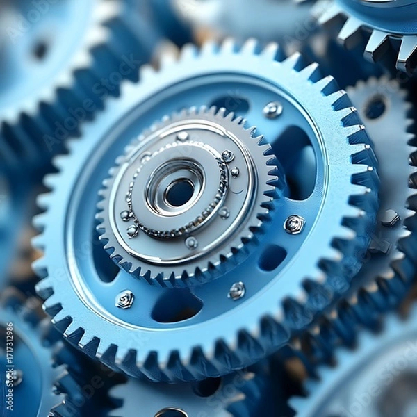 Obraz Close-up of numerous interconnected gears.  Interlocking blue and silver metal gears, detailed close-up view