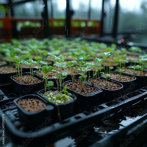 Obraz Close-up of numerous small plants in dark plastic pots, arranged in rows on a dark tray. Water droplets cling to leaves and soil.  A greenhouse setting is suggested by the background