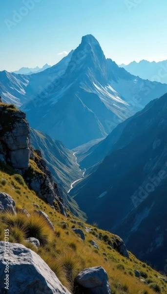 Fototapeta Rugged mountain peaks, stark rocks, sparse vegetation , nature, shadow