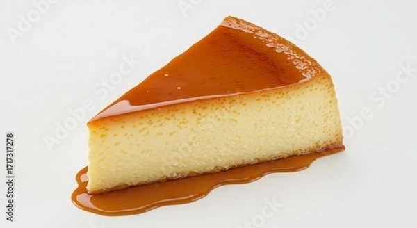 Fototapeta Flan napolitano slice with caramel isolated on white background for dessert and bakery uses