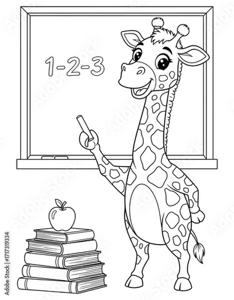 Fototapeta Vector art of giraffe teacher pointing to numbers on blackboard coloring page design