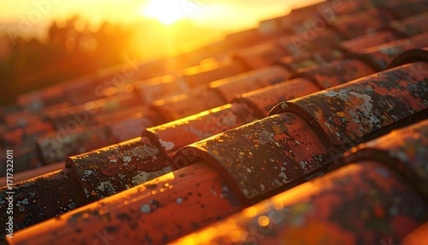 Fototapeta Close-up of weathered clay roof tiles bathed in warm sunlight during golden hour, with blurred background