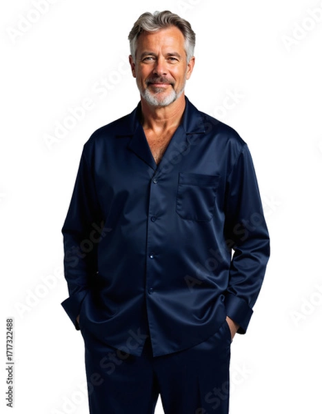 Fototapeta A middle-aged man smiles warmly while wearing navy blue satin sleepwear. He stands relaxed with his hands in his pockets, showcasing a casual yet sophisticated look.