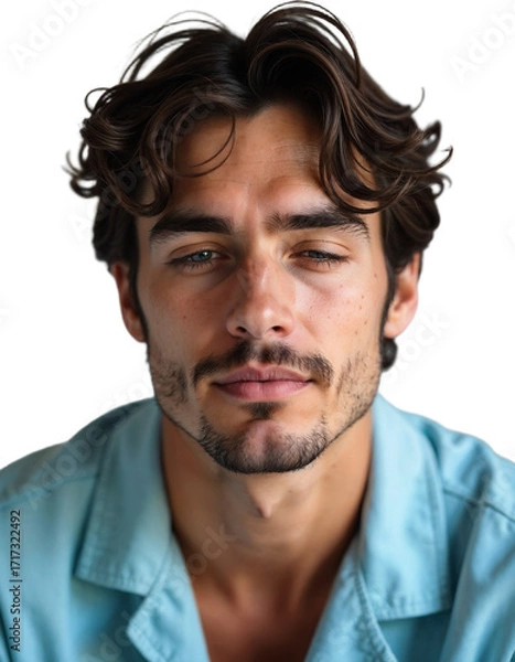 Fototapeta A young man with curly, dark hair sits comfortably indoors, looking directly at the viewer with a relaxed expression. His blue eyes reflect a calm atmosphere, creating a thoughtful vibe.
