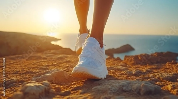 Obraz Close-up of person's feet in white sneakers walking on a rocky cliff, ocean vista at sunrise