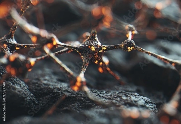 Fototapeta Close up of tree branches with small orange buds in a forest setting.