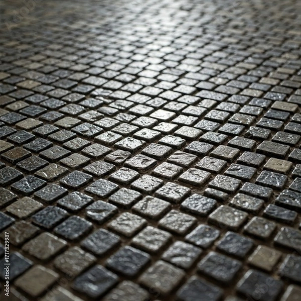 Fototapeta Close-up of Wet Cobblestone Pavement Pattern