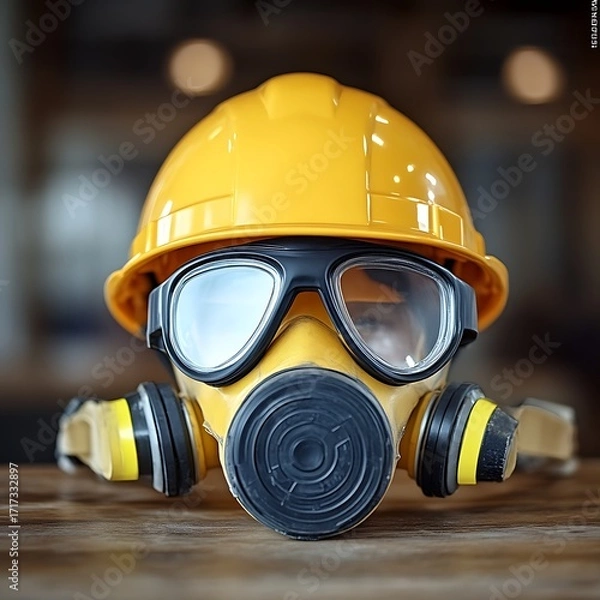 Obraz Close-up of safety equipment a bright yellow hard hat, protective goggles, and a black respirator mask rest on a wooden surface