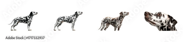 Obraz Four Dalmatians in profile, looking up against a black background, cut out transparent
