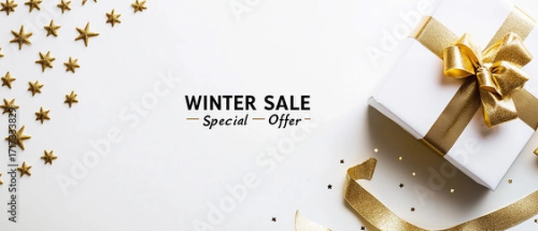 Obraz Graphic Design Flat Lay: A top-down view of the banner as if laid flat on a white surface. This perspective clearly shows the entire elegant design: the gold border