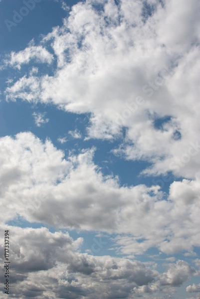 Fototapeta Blue sky background with clouds. High clear bright blue sky over the city with fluffy clouds on a sunny day