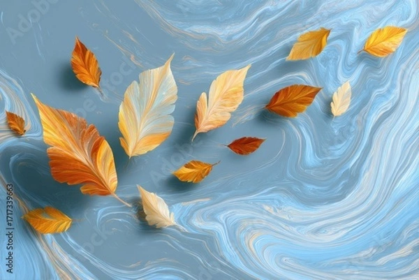 Fototapeta Ornate autumn leaves float gracefully over a textured, marbled backdrop.