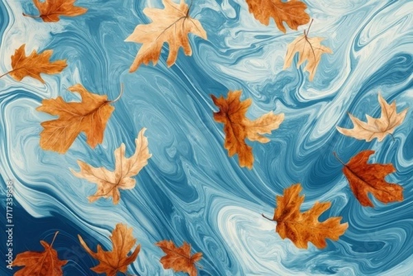 Fototapeta Dried leaves, rich in autumnal tones, are elegantly positioned over a dynamic blue and white marbled background.