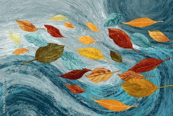 Fototapeta Vibrant autumn leaves swirling in a teal and gray abstract design.
