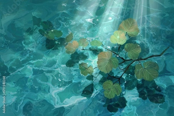 Fototapeta Sunbeams pierce a turquoise pool, highlighting a branch with leaves submerged beneath the water's surface.