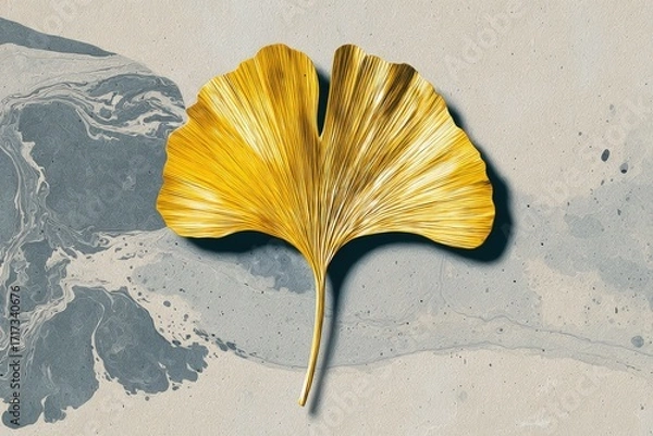 Fototapeta A striking golden gingko leaf rests gracefully against a backdrop of grey and beige marbled textures.