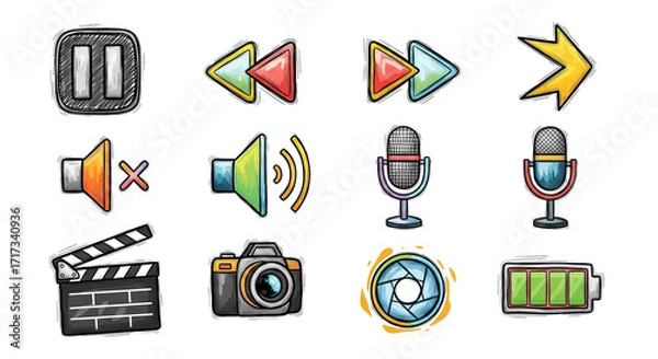 Obraz Collection of multimedia icons with a hand drawn style isolated on transparent background
