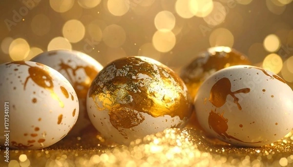 Fototapeta Close-up of white eggs adorned with gold paint, sparkling glitter surrounds. Bokeh background provides a warm, festive feel